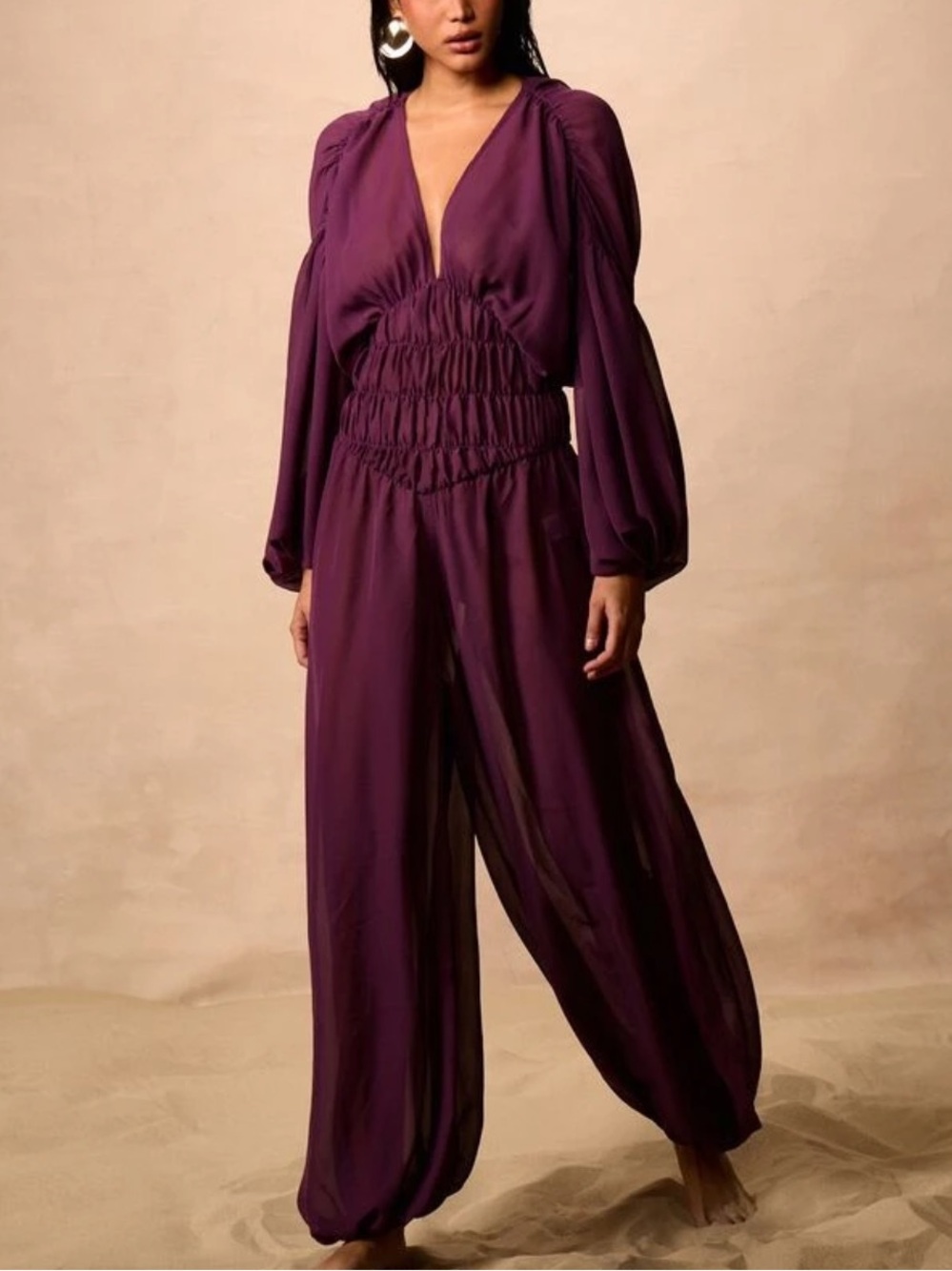 Smocked Waist Long-Sleeve Plum Jumpsuit
